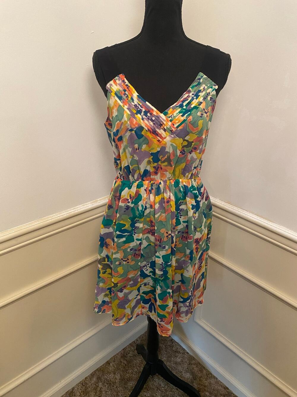 Madewell Broadway & Broome Silk Watercolor Floral Dress Pleated V-Neck Mini